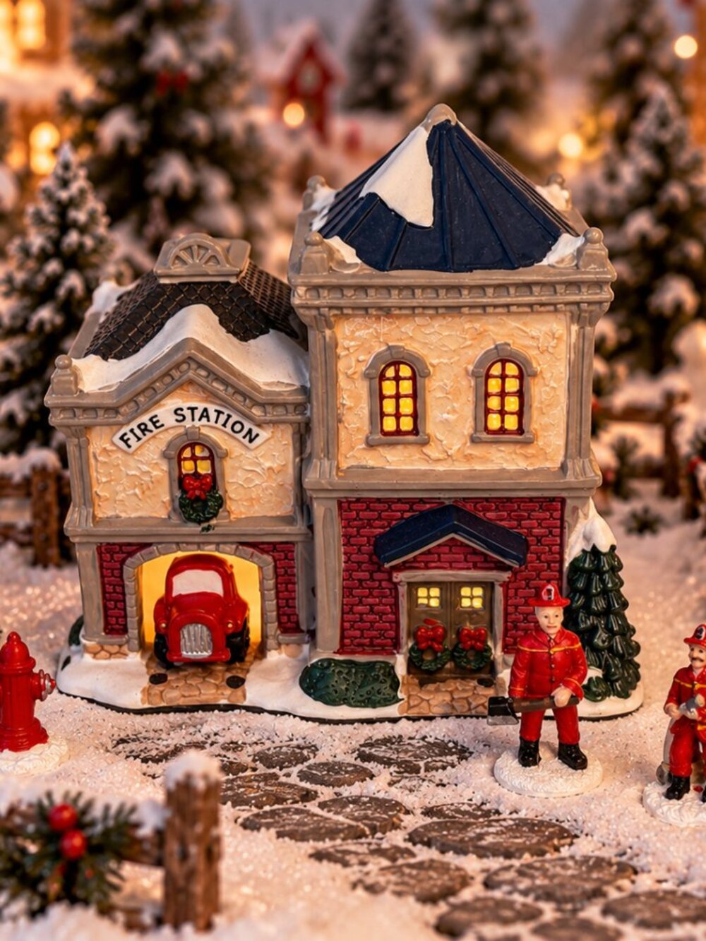 Enchanted Christmas Village Fire House Lighted Porcelain Building w/ Firemen 200